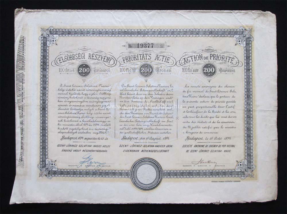 Szentlőrinc-Szlatina-Nasici HÉV elsőbbségi részvény 1894 (CRO)